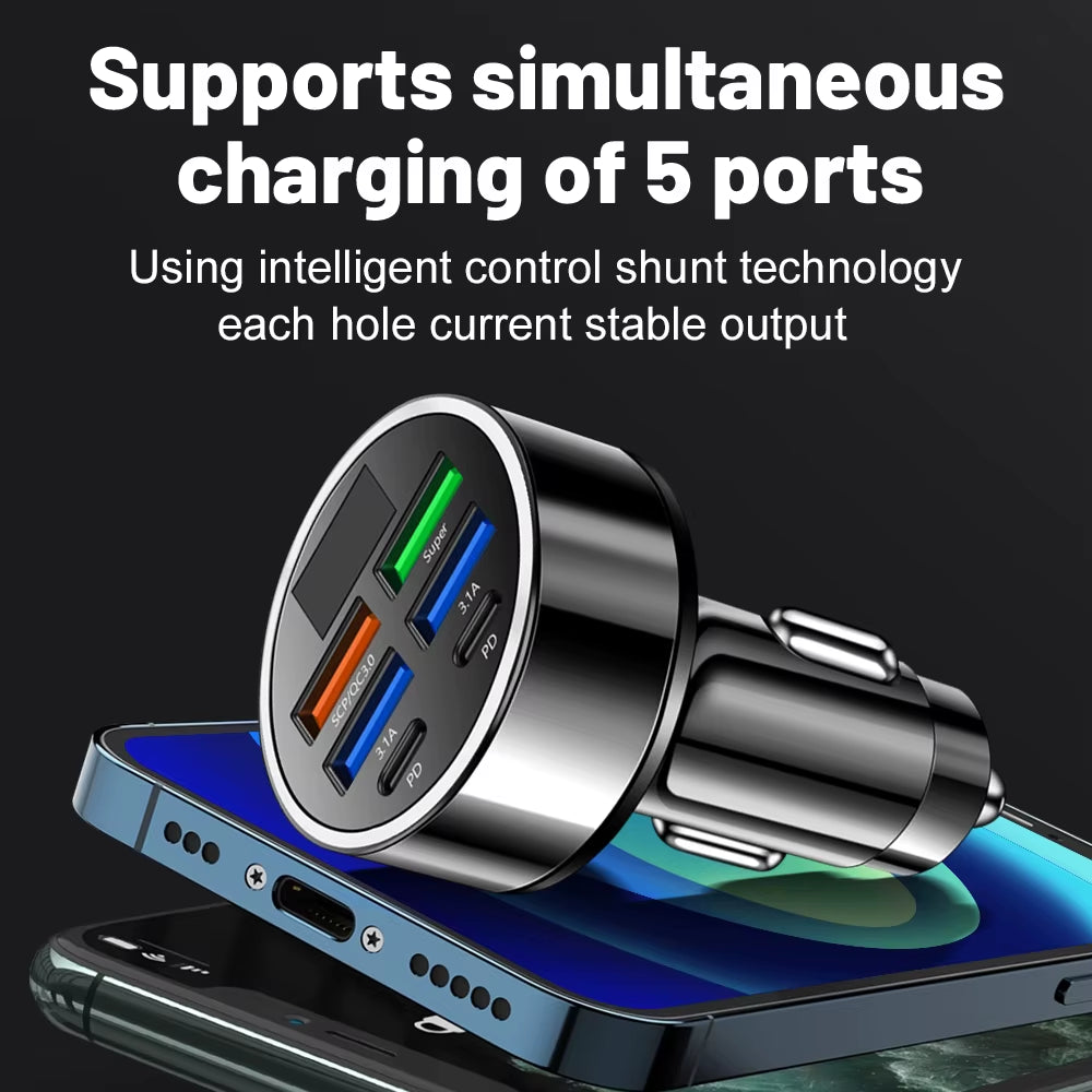 100W 6 Ports Car Charger Fast Charging PD QC3.0 USB C Car Phone Charger Type C Adapter in Car for Iphone Samsung Huawei Xiaomi