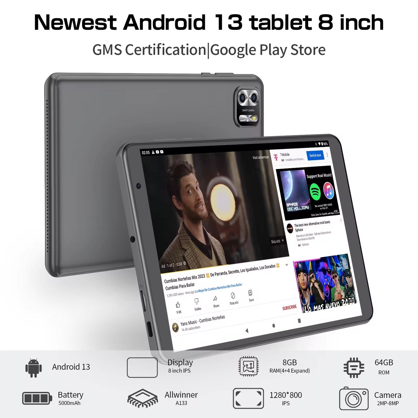 8 Inch Tablet Android 13, 8GB(4+4 Expand) RAM 64GB ROM,1TB Expand,1280X800 IPS Screen 5000MAH Battery,Dual Camera, Wifi