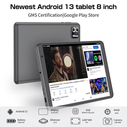 8 Inch Tablet Android 13, 8GB(4+4 Expand) RAM 64GB ROM,1TB Expand,1280X800 IPS Screen 5000MAH Battery,Dual Camera, Wifi